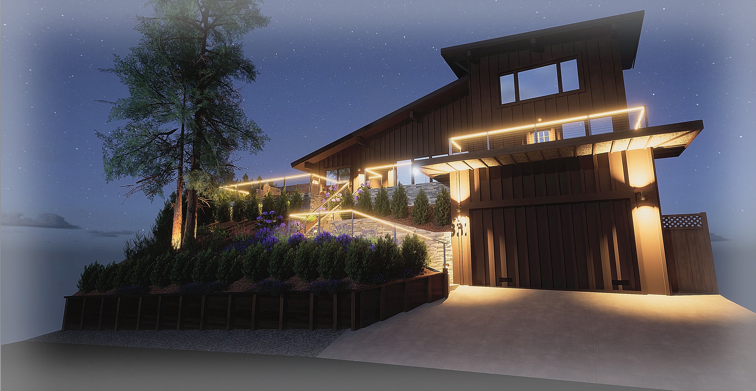A landscape design with terraced planting and a warmly illuminated home at twilight, rendered in Landscape Creator
