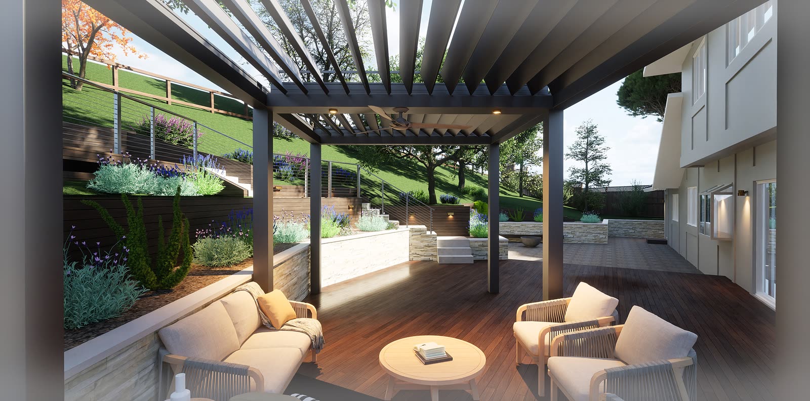 Landscape Creator visualization of a planted outdoor living space and pergola